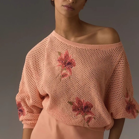 Pilcro Sweaters - Pilcro x Anthropologie Floral Peach Open-Knit Sweater
